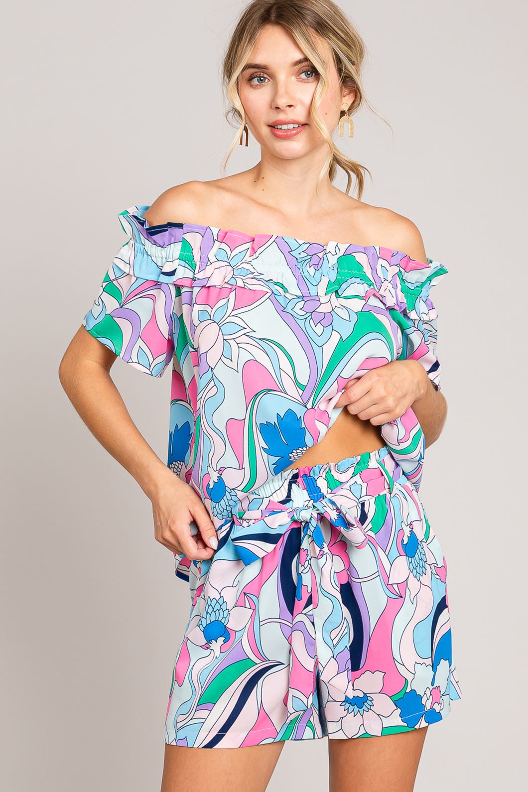 Cotton Bleu by Nu Label Abstracted Print Tie Front Shorts - Classique Collection