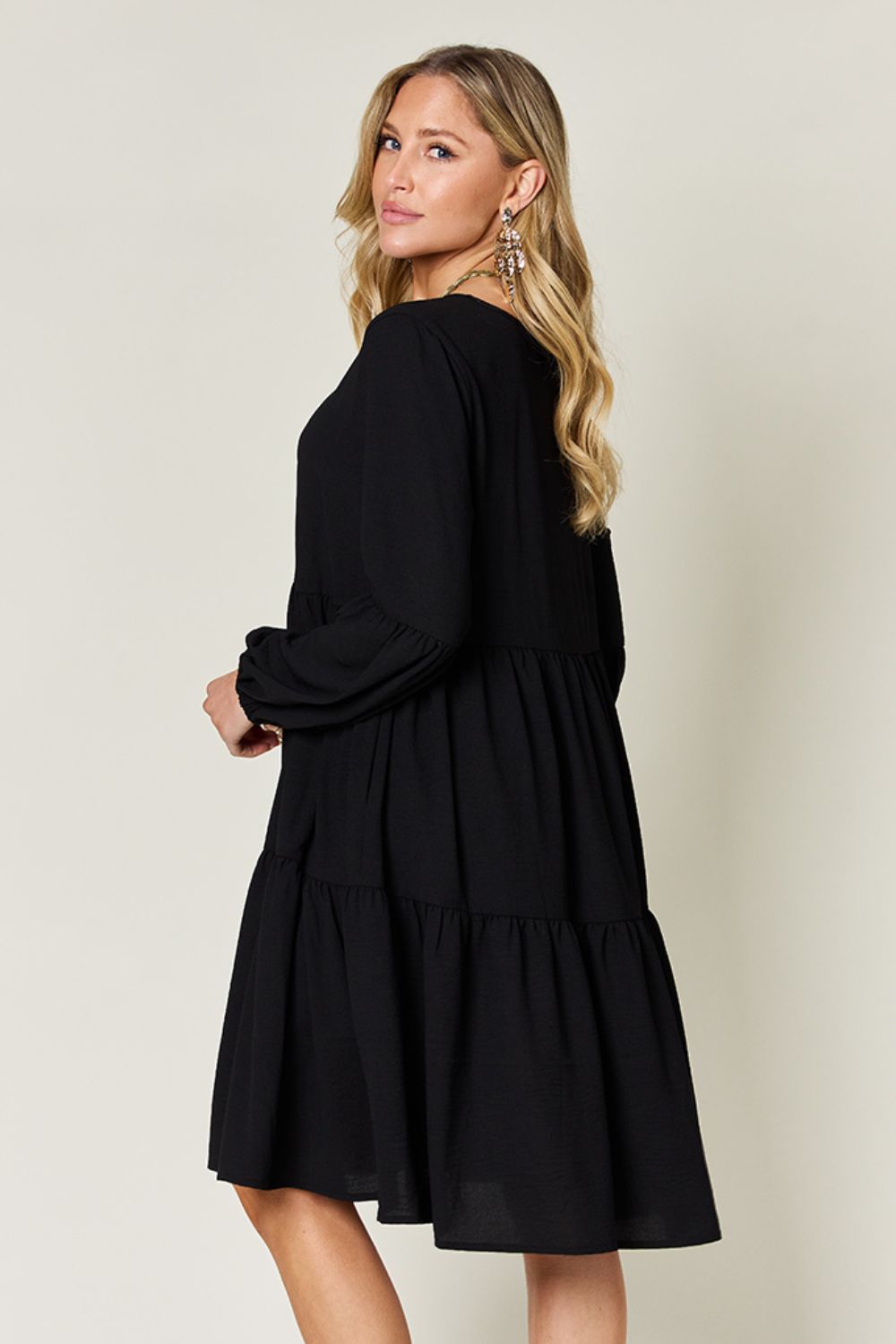 Double Take Full Size V-Neck Balloon Sleeve Tiered Dress with Pockets - Classique Collection
