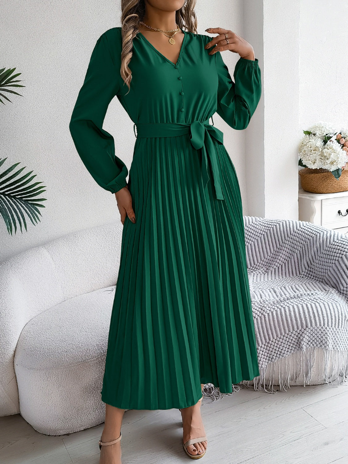 Pleated Tied V-Neck Long Sleeve Dress - Classique Collection