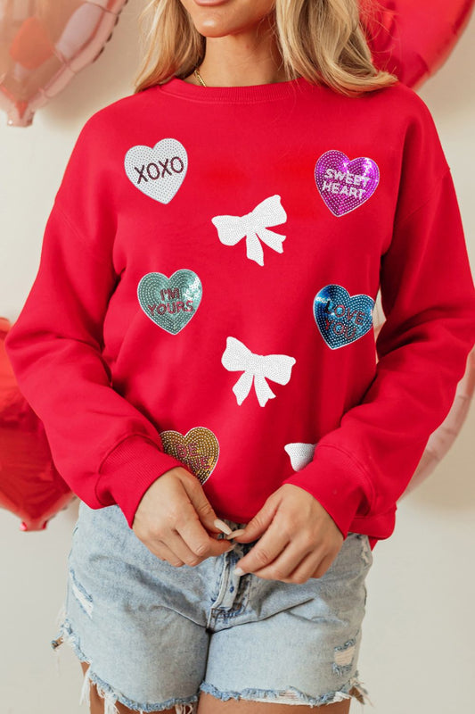 Valentine’s Day Sequin Bow Heart Round Neck Sweatshirt - Classique Collection