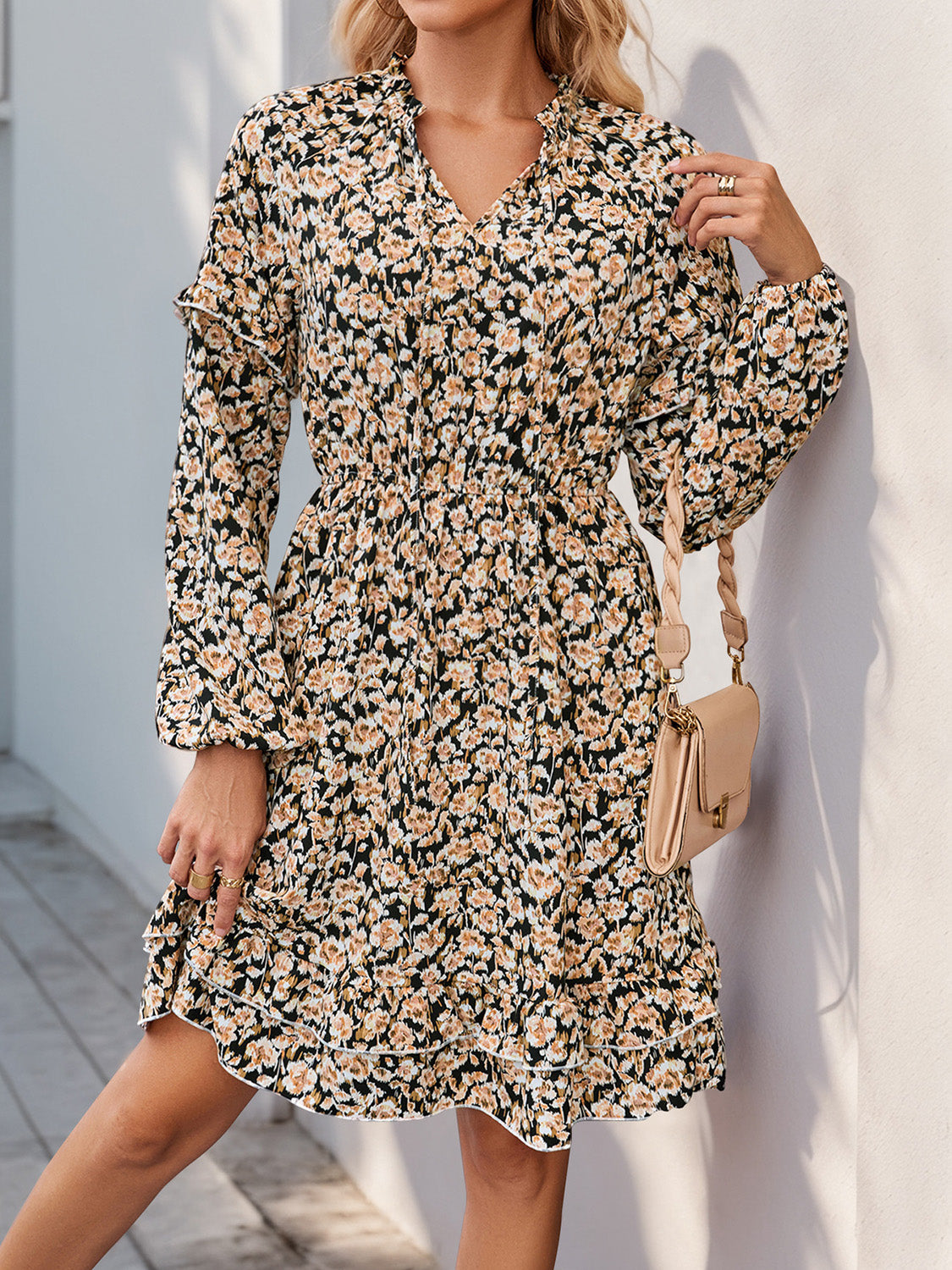 Perfee Printed Tie Neck Long Sleeve Mini Dress - Classique Collection