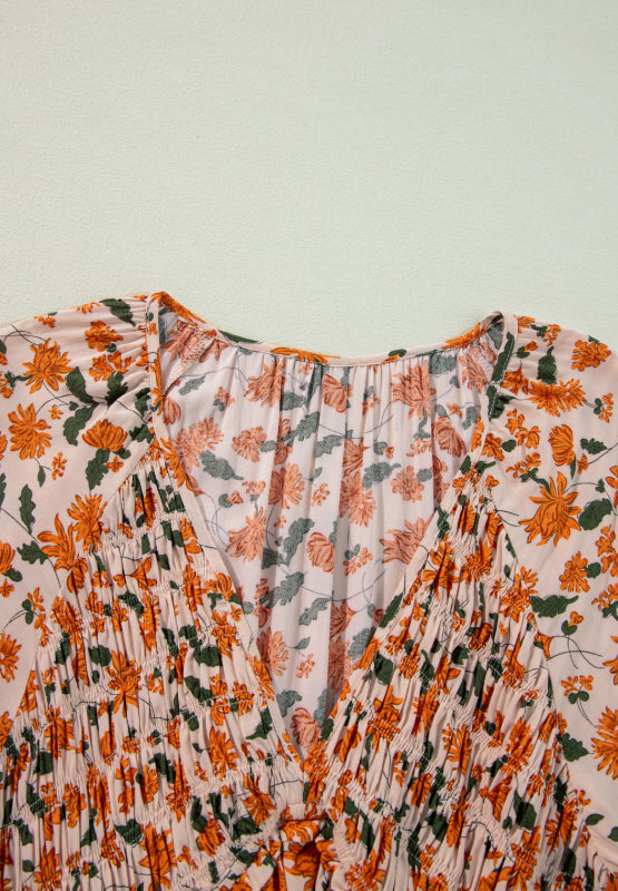 Smocked Printed V-Neck Long Sleeve Dress - Classique Collection