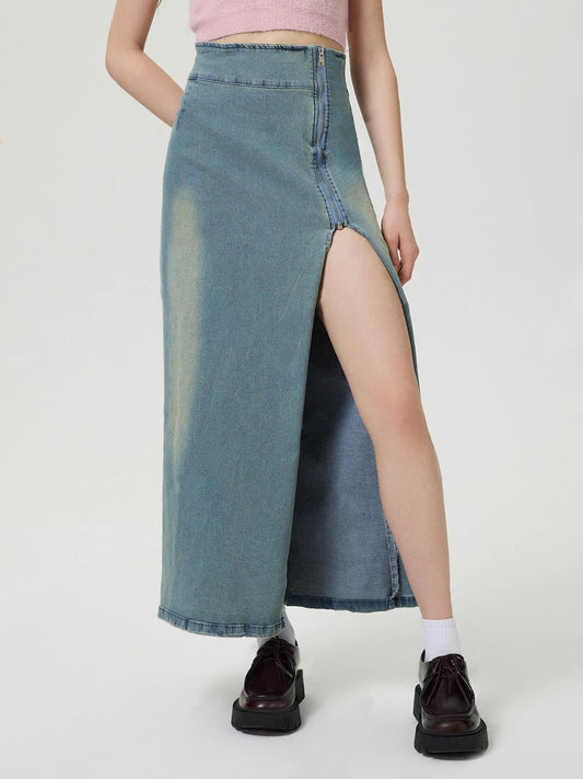 Slit Denim Skirt with Zip - Classique Collection