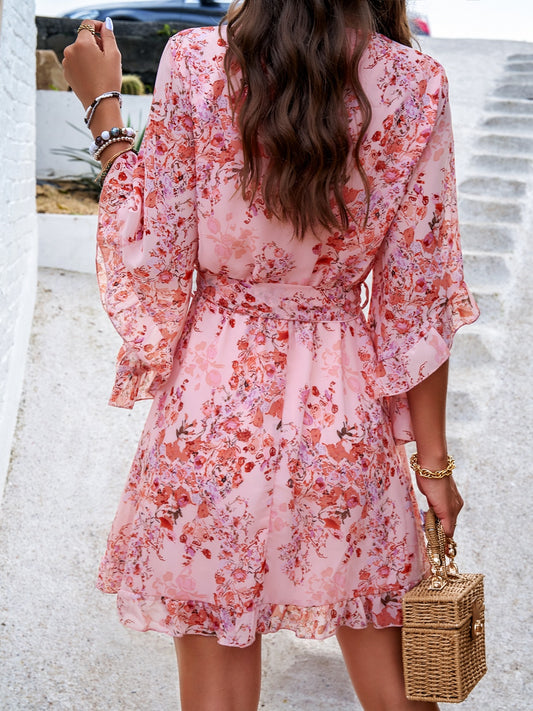 Devine Ruffled Printed Surplice Half Sleeve Mini Dress - Classique Collection