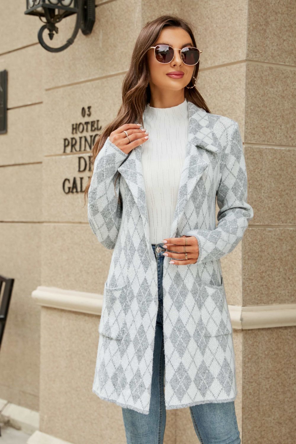 Printed Open Front Lapel Collar Cardigan with Pockets - ClassiQ