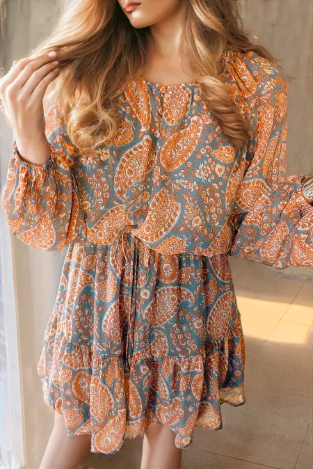 Ruffle Hem Printed Long Sleeve Dress - Classique Collection