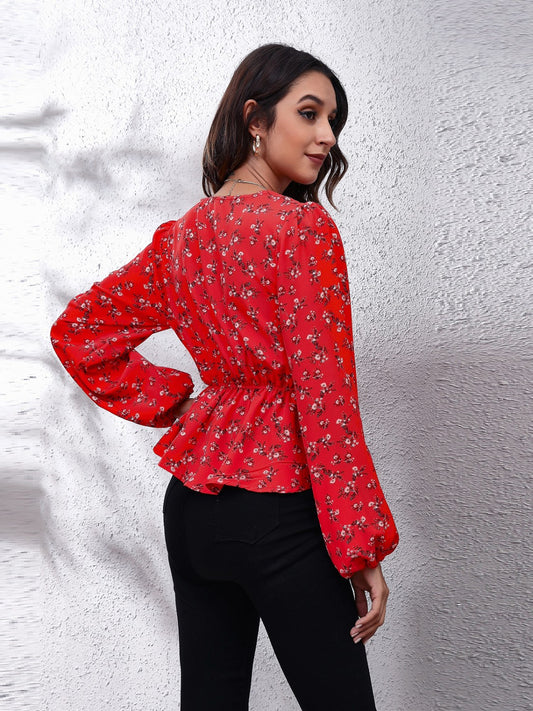 Floral V-Neck Balloon Sleeve Peplum Blouse - Classique Collection