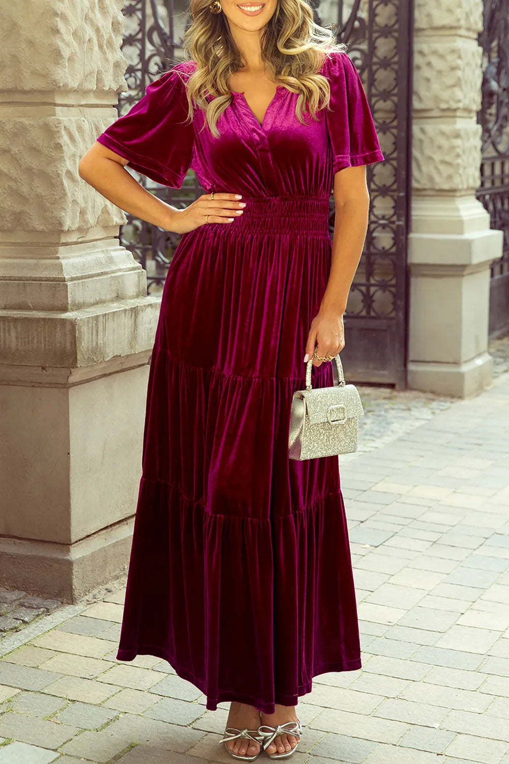 Tiered Notched Short Sleeve Dress with Pockets - Classique Collection