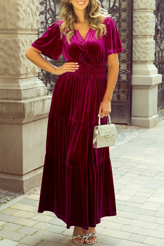 Tiered Notched Short Sleeve Dress with Pockets - Classique Collection