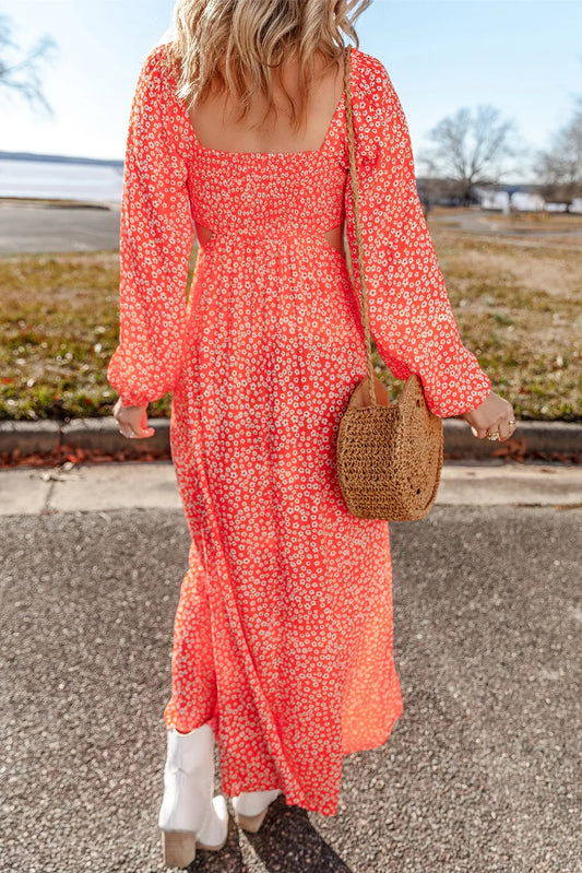 Printed V-Neck Long Sleeve Midi Dress - Classique Collection