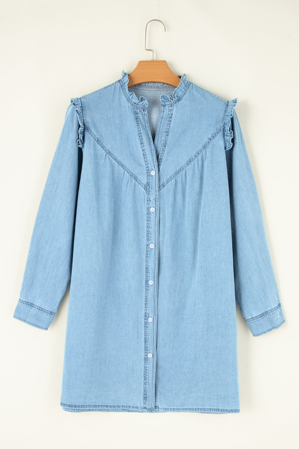 Button Up Notched Long Sleeve Denim Dress - Classique Collection