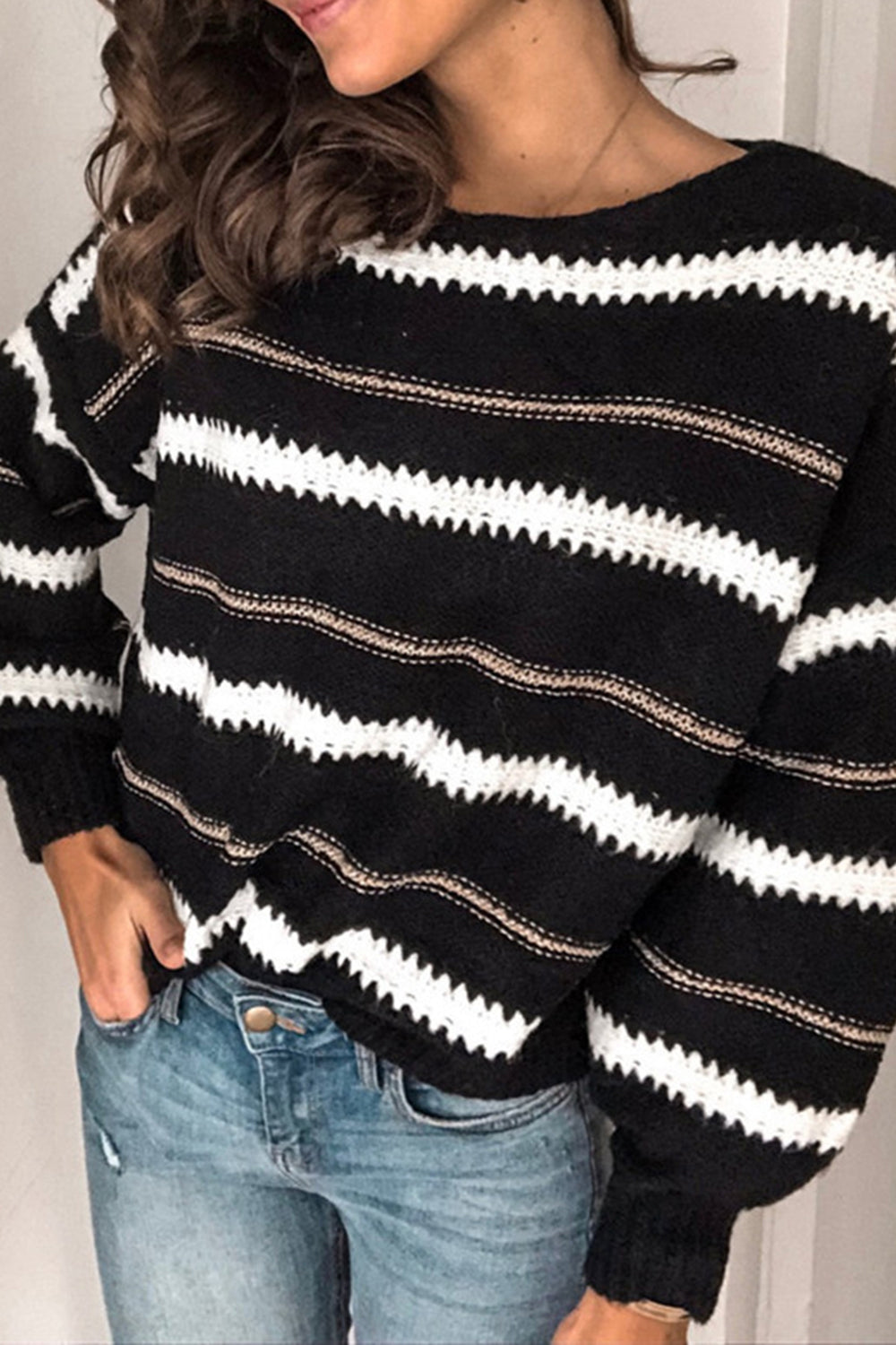 Contrast Striped Round Neck Long Sleeve Sweater - ClassiQ