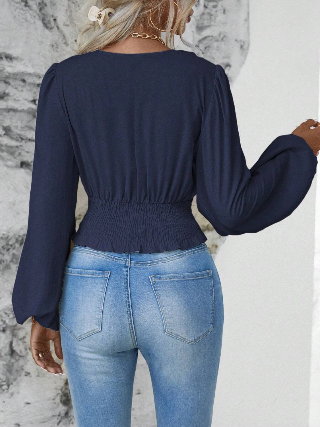 Smocked Surplice Balloon Sleeve Top - Classique Collection