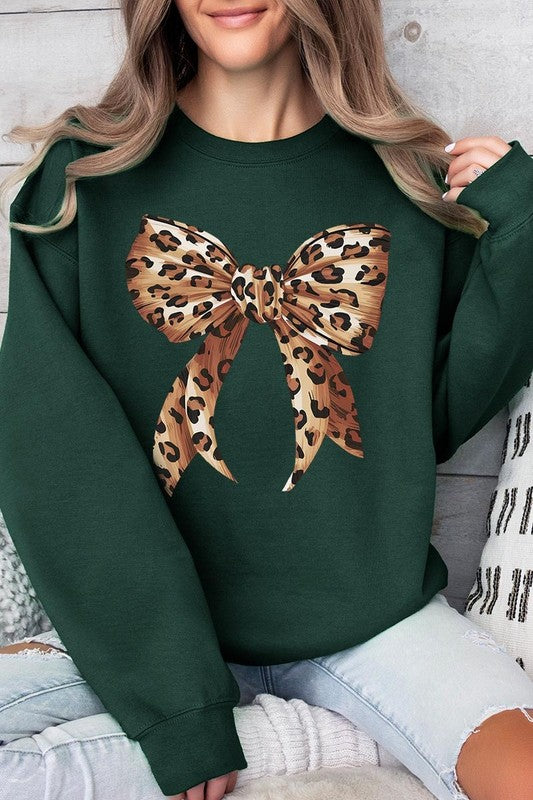 Leopard Print Bow Graphic Plus Fleece Sweatshirts - Classique Collection