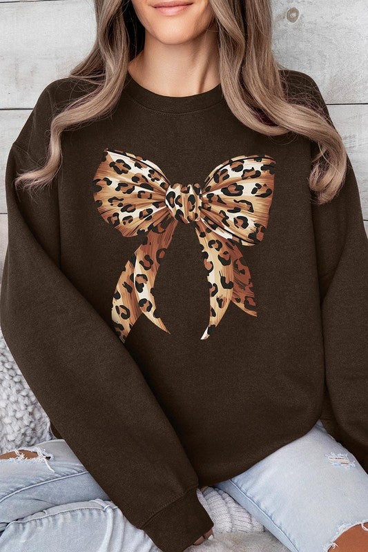 Leopard Print Bow Graphic Plus Fleece Sweatshirts - Classique Collection