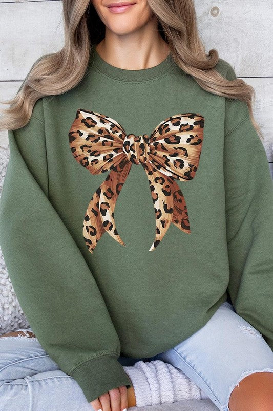 Leopard Print Bow Graphic Plus Fleece Sweatshirts - Classique Collection