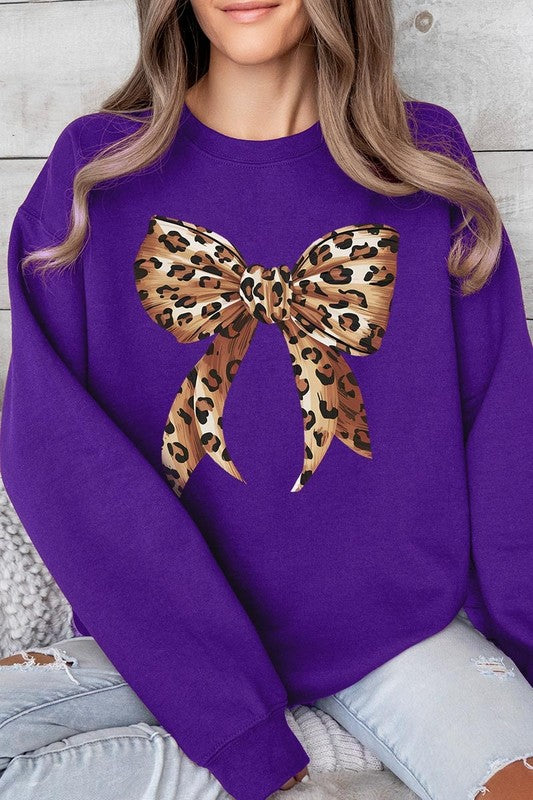 Leopard Print Bow Graphic Plus Fleece Sweatshirts - Classique Collection