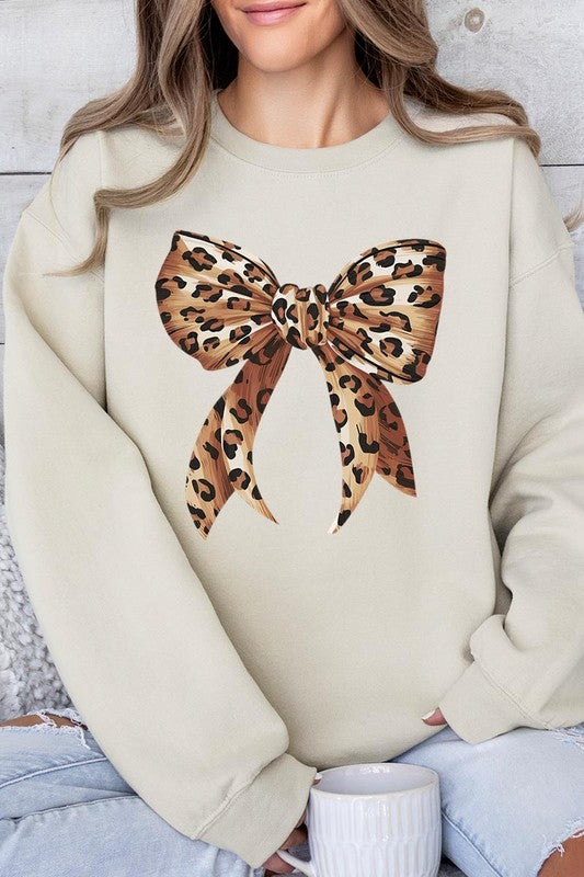 Leopard Print Bow Graphic Plus Fleece Sweatshirts - Classique Collection