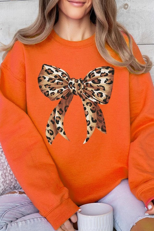 Leopard Print Bow Graphic Plus Fleece Sweatshirts - Classique Collection