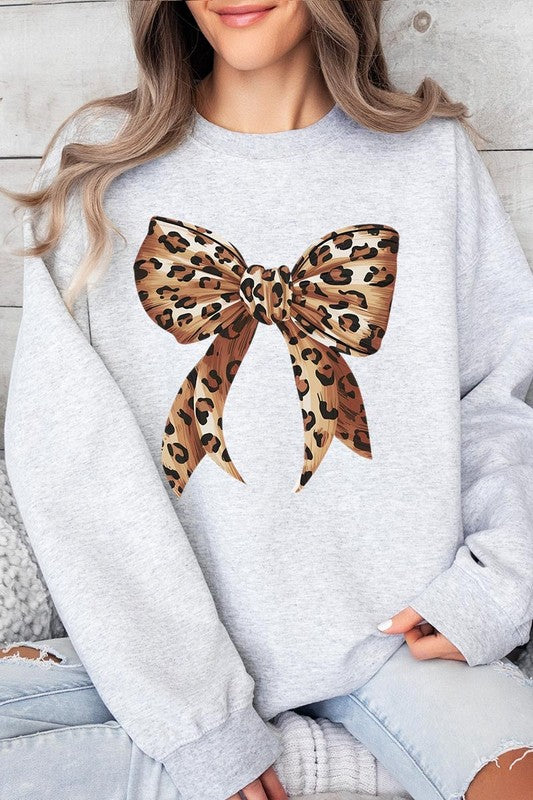 Leopard Print Bow Graphic Plus Fleece Sweatshirts - Classique Collection