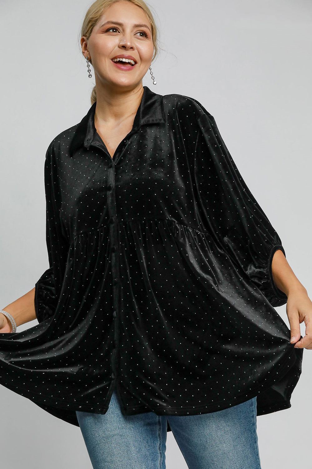 Umgee Full Size Polka Dot Button Up Half Sleeve Shirt - Classique Collection