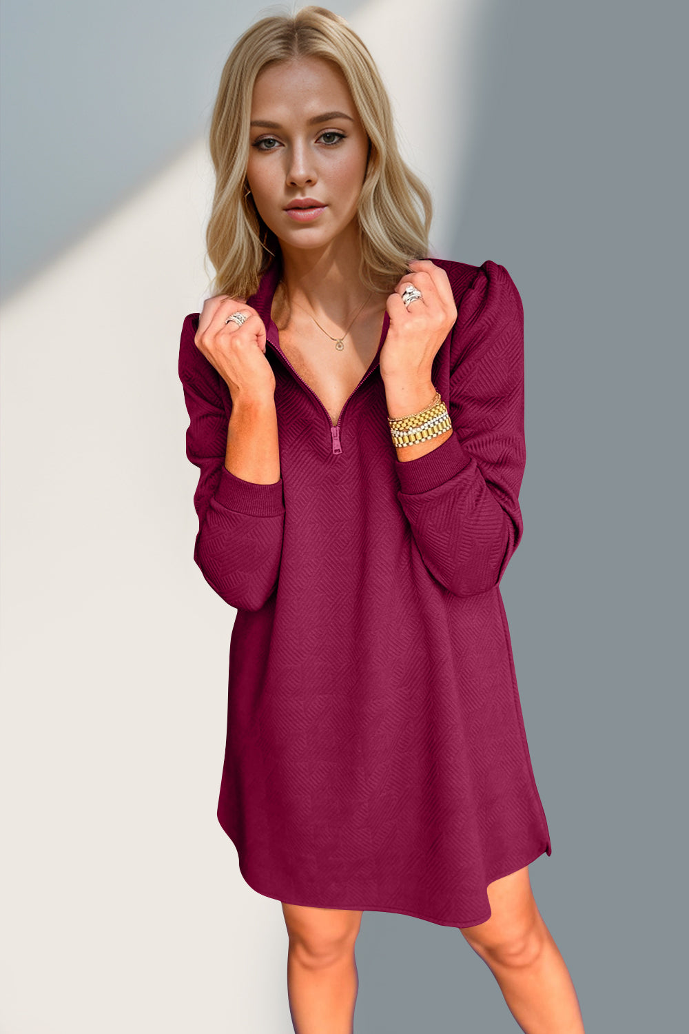 Double Take Textured Quarter Zip Long Sleeve Dress - Classique Collection