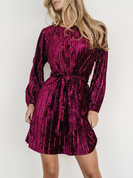 Velvet Round Neck Tie Waist Long Sleeve Mini Dress - Classique Collection