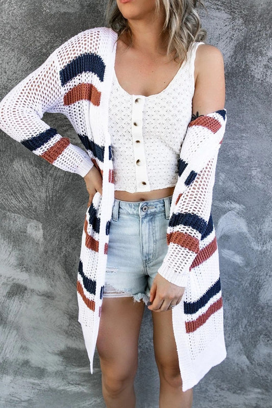 Contrast Openwork Open Front Long Sleeve Cardigan - Classique Collection