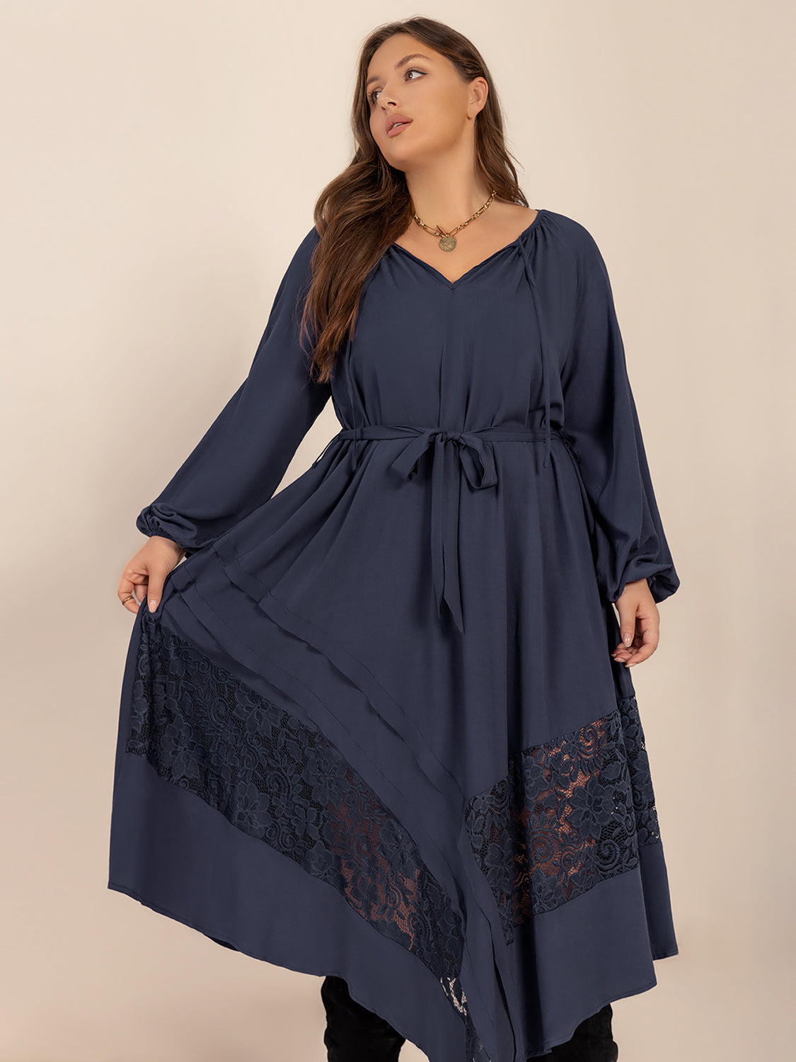 Plus Size Lace Detail Tie Neck Long Sleeve Midi Dress - Classique Collection