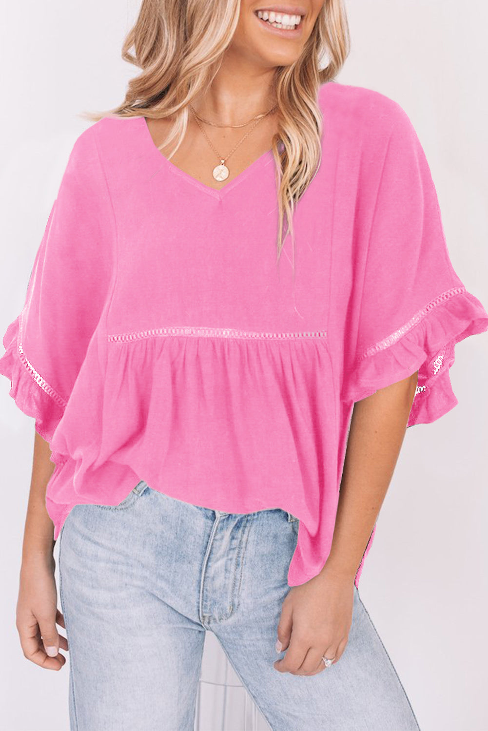 V-Neck Flounce Sleeve Babydoll Blouse - Classique Collection