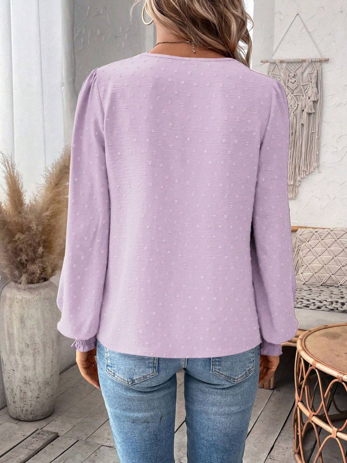 Swiss Dot Lace Detail Notched Long Sleeve Blouse - Classique Collection