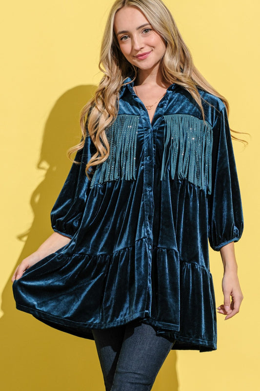 And The Why Fringe Detailed Velvet Shirt Dress - Classique Collection