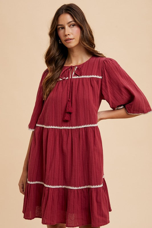 Annie Wear Tassel Contrast Trim Tie Neck Half Sleeve Tiered Dress - ClassiQ