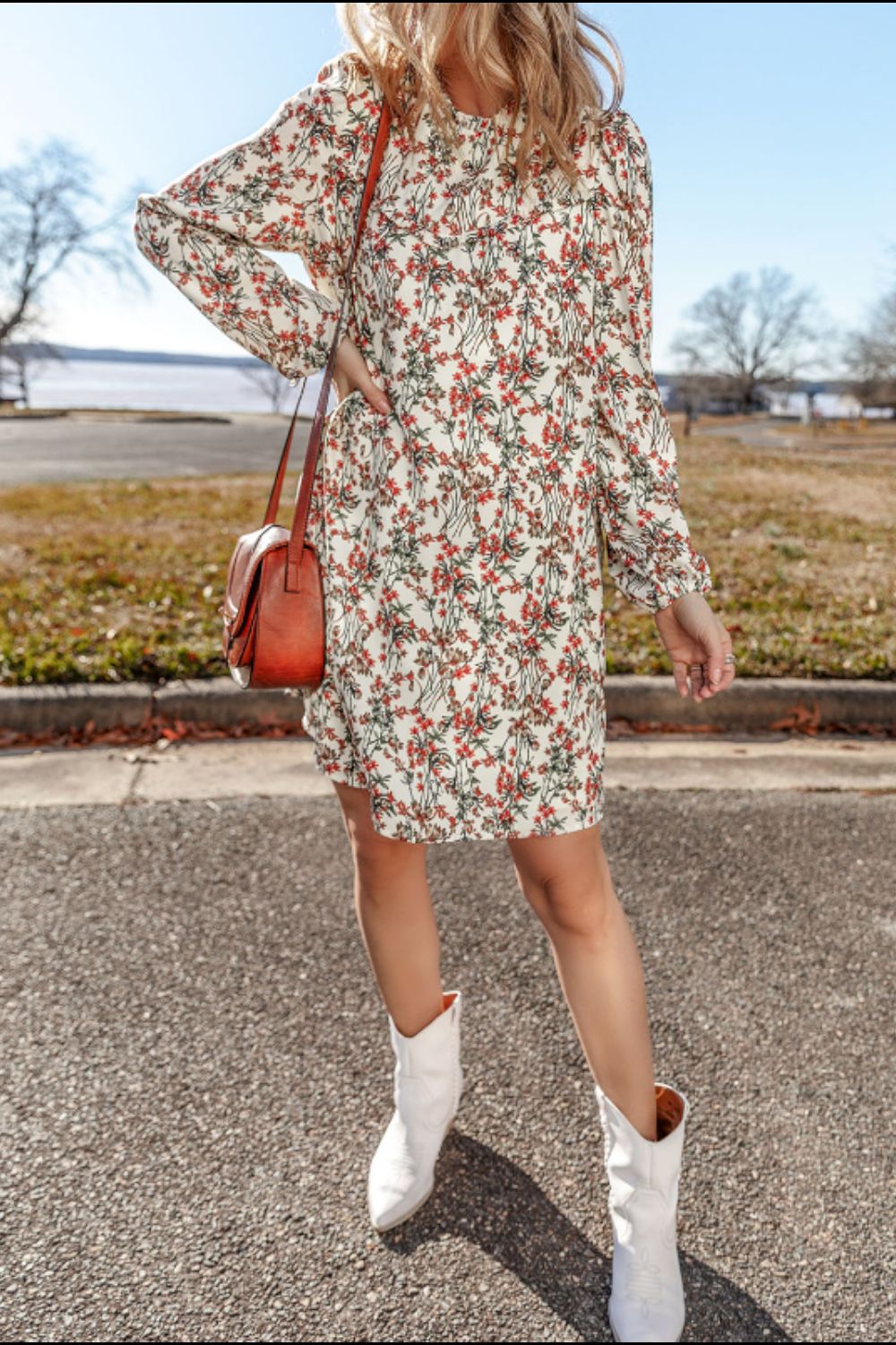Floral Round Neck Long Sleeve Dress - Classique Collection