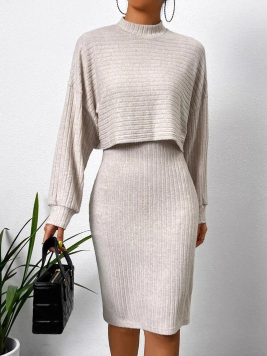 Mock Neck Long Sleeve Top and Wide Strap Dress Set - ClassiQ
