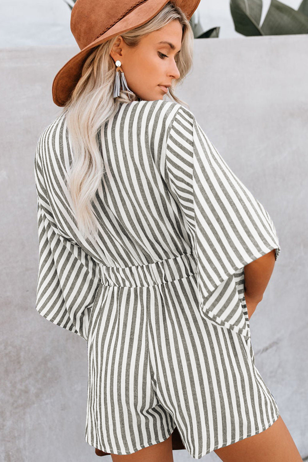 Bow Striped Kimono Sleeve Romper - ClassiQ