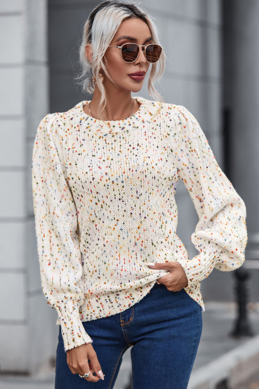 Heathered Round Neck Lantern Sleeve Sweater - ClassiQ
