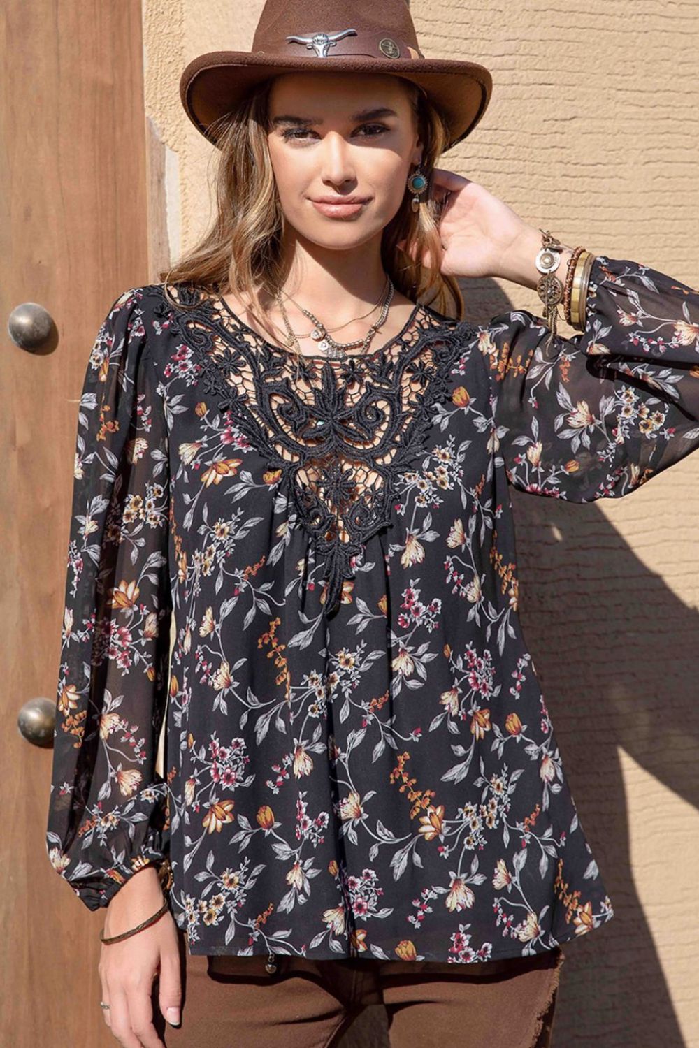 Printed Round Neck Long Sleeve Blouse - Classique Collection