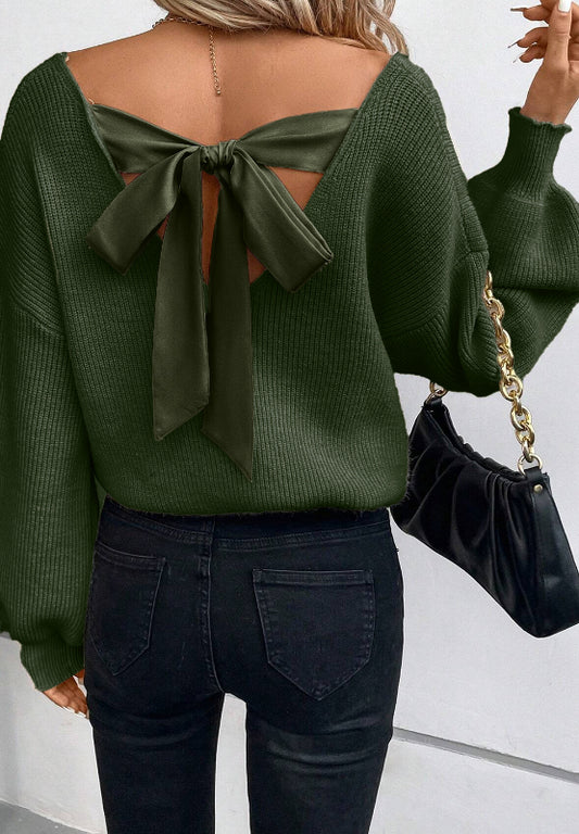 Tied Back V-Neck Long Sleeve Sweater - ClassiQ