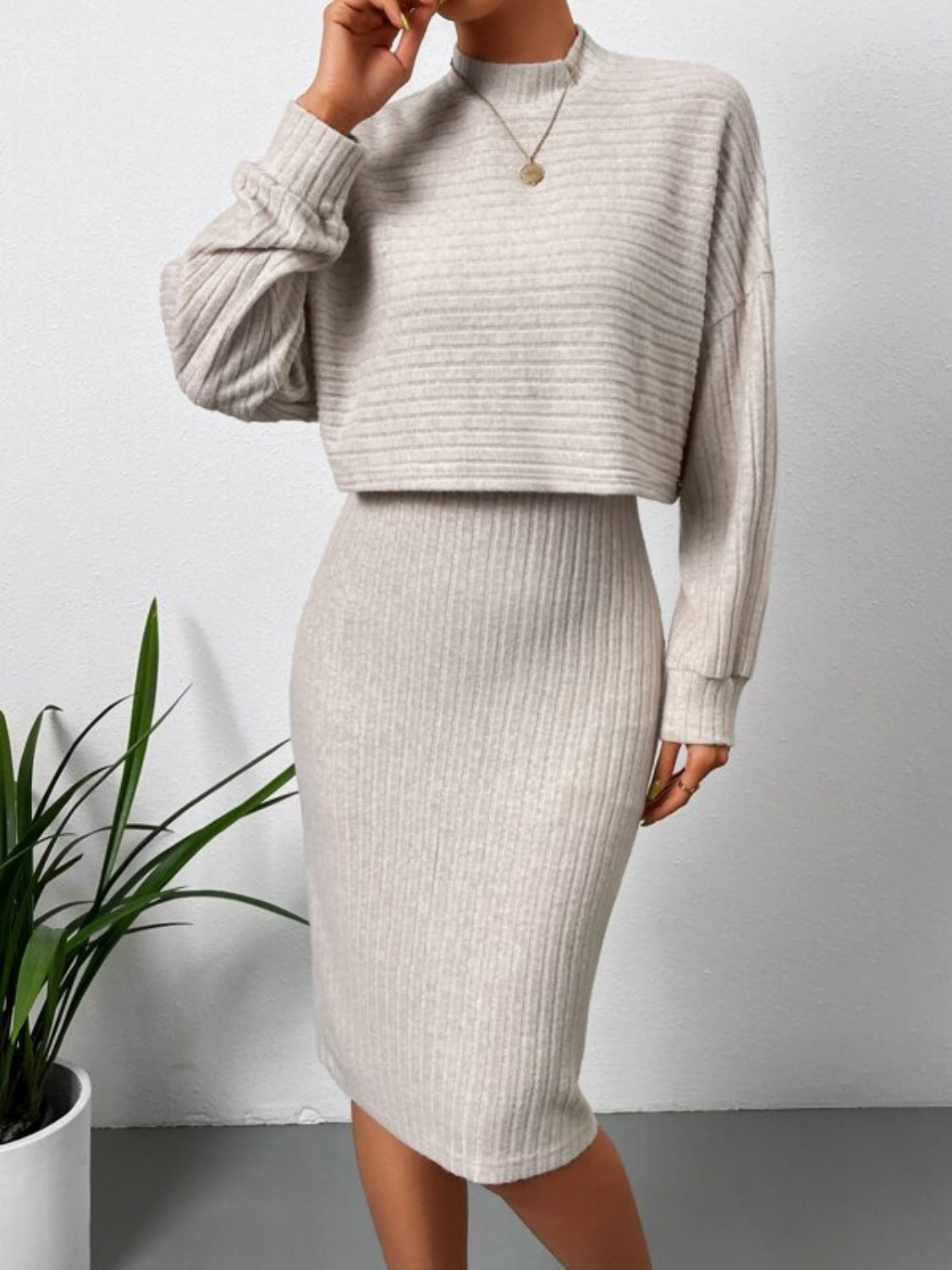 Mock Neck Long Sleeve Top and Wide Strap Dress Set - ClassiQ