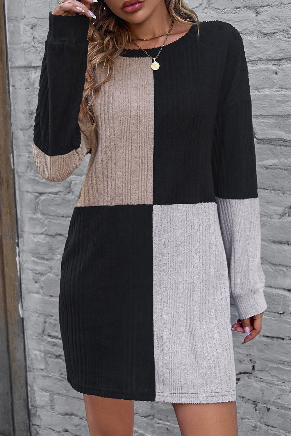 Color Block Drop Shoulder Long Sleeve Mini Dress - Classique Collection