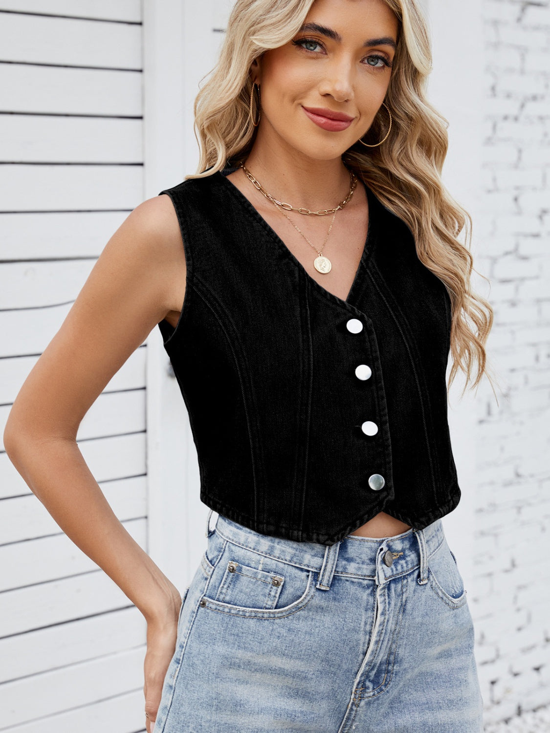 V-Neck Button Down Denim Vest - Classique Collection