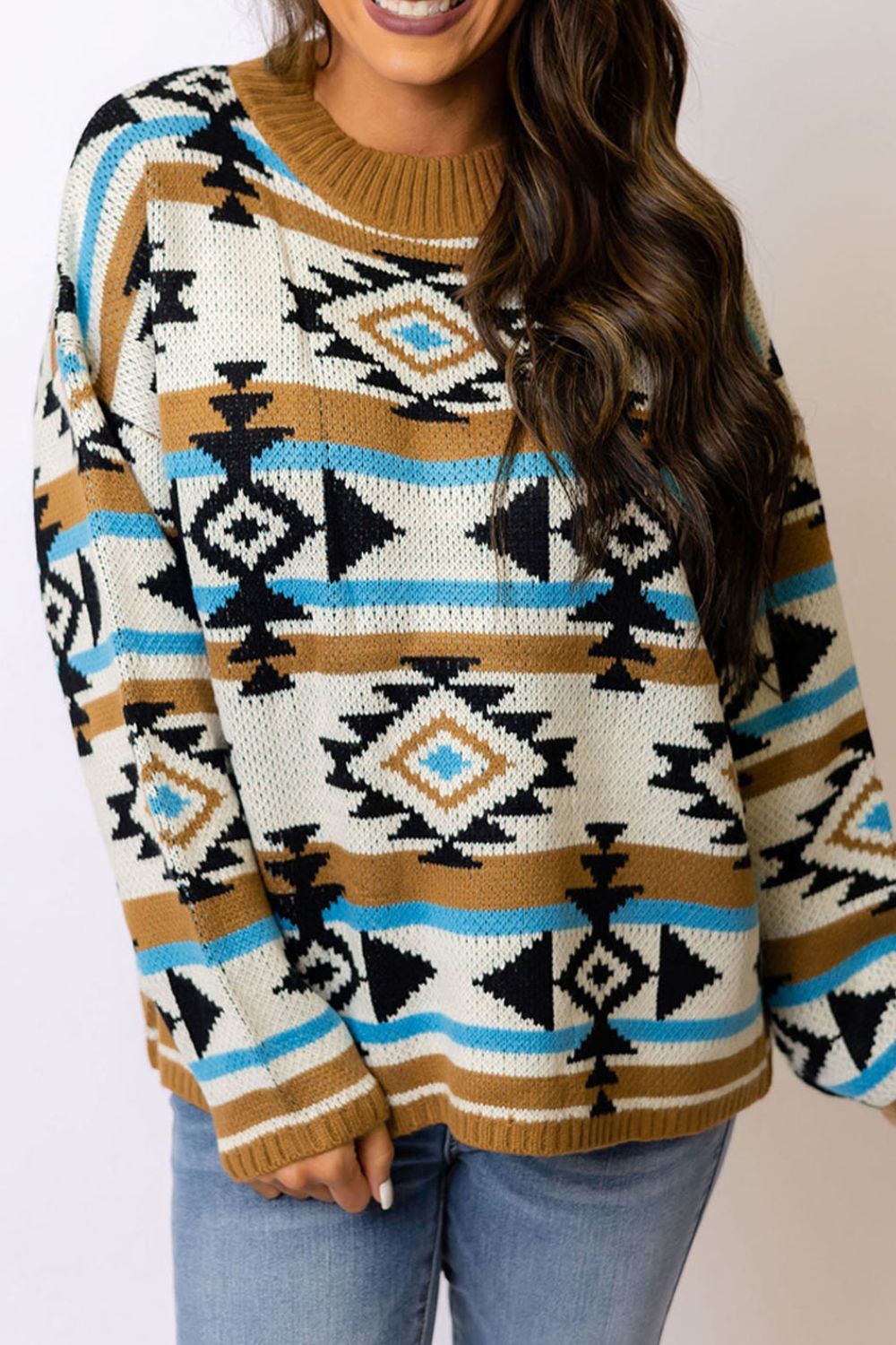 Geometric Round Neck Long Sleeve Sweater - Classique Collection