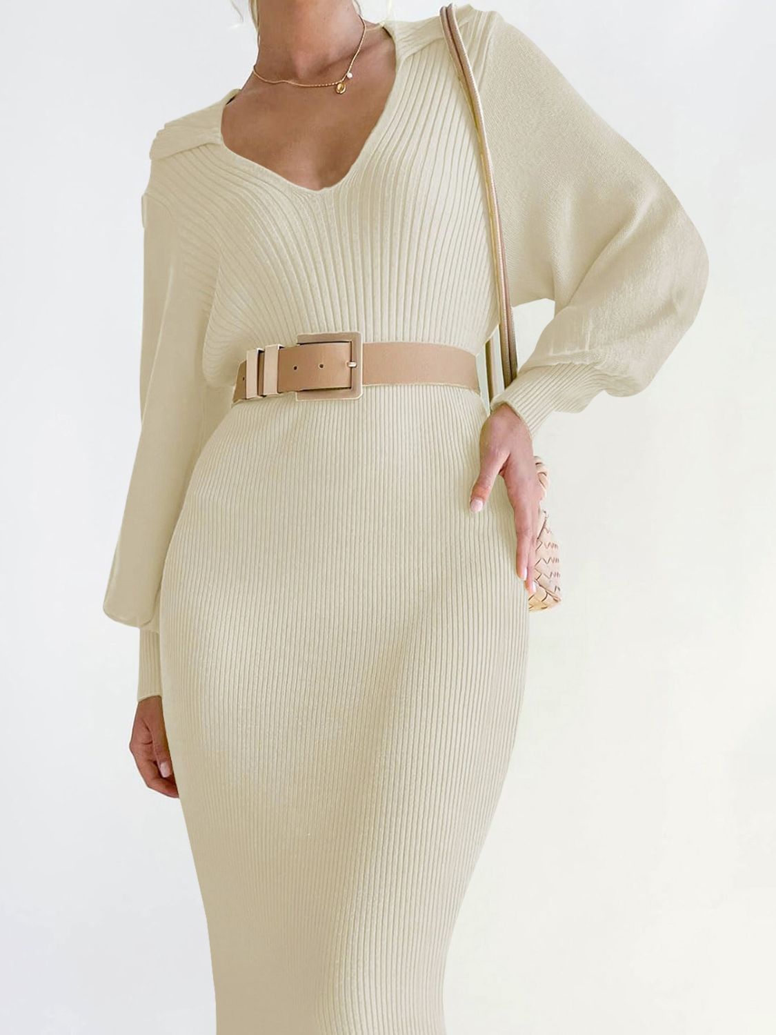 Perfee Tied Long Sleeve Wrap Sweater Dress - Classique Collection