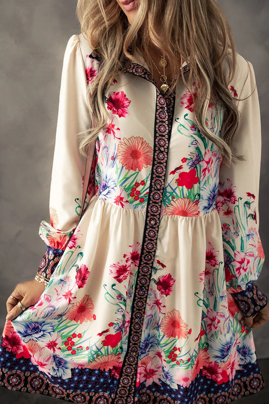 Flower Button Down Lantern Sleeve Dress - Classique Collection