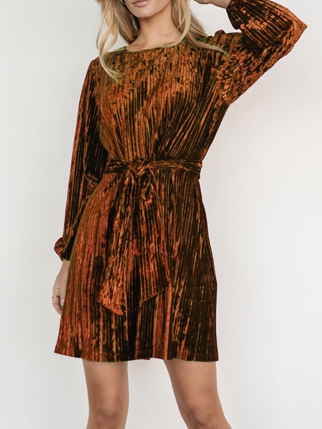 Velvet Round Neck Tie Waist Long Sleeve Mini Dress - Classique Collection