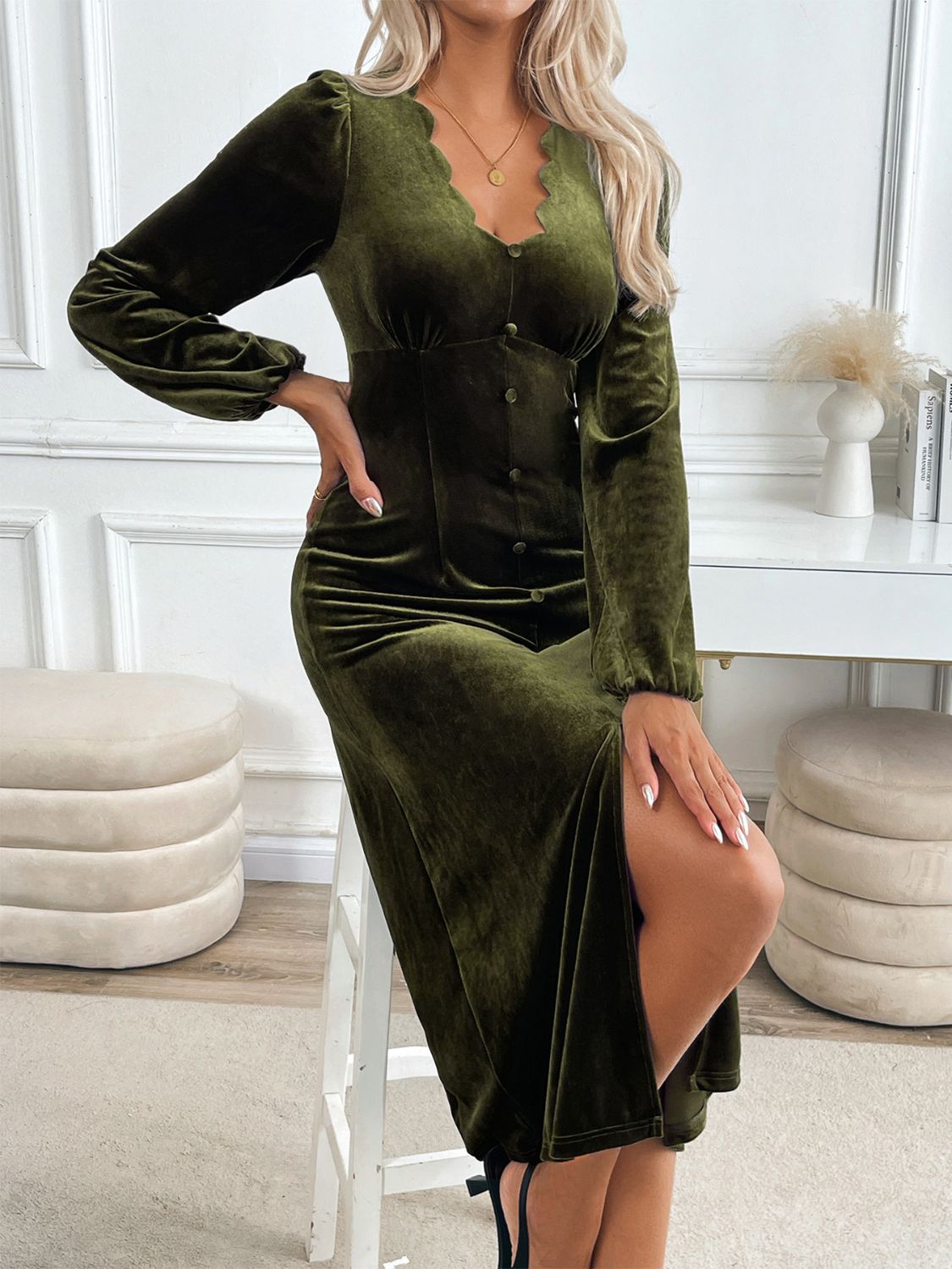Perfee Slit V-Neck Long Sleeve Midi Dress - Classique Collection
