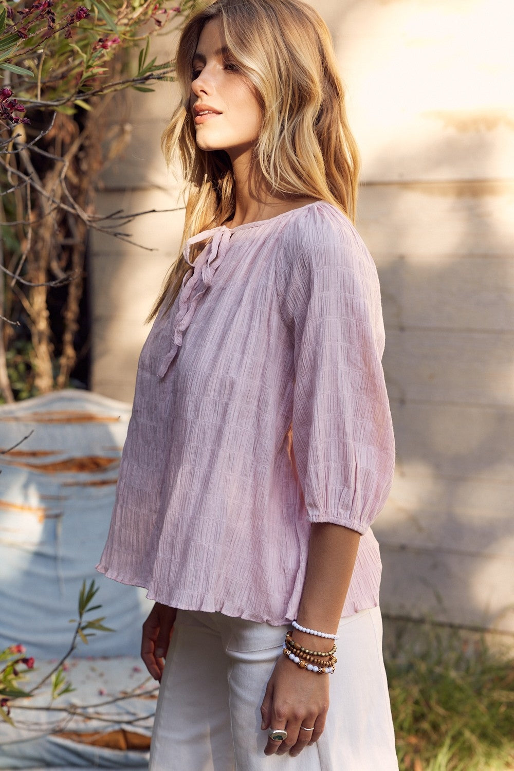 In February Textured Tie Neck Blouse - Classique Collection