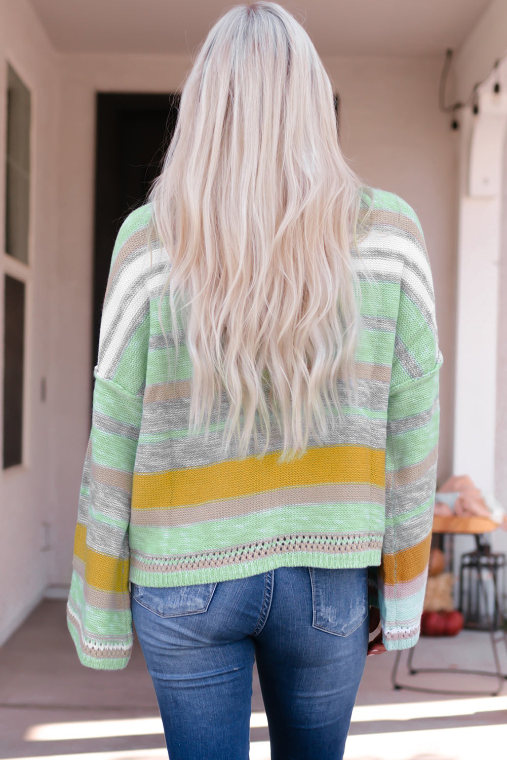 Contrast Striped Boat Neck Dropped Shoulder Sweater - ClassiQ