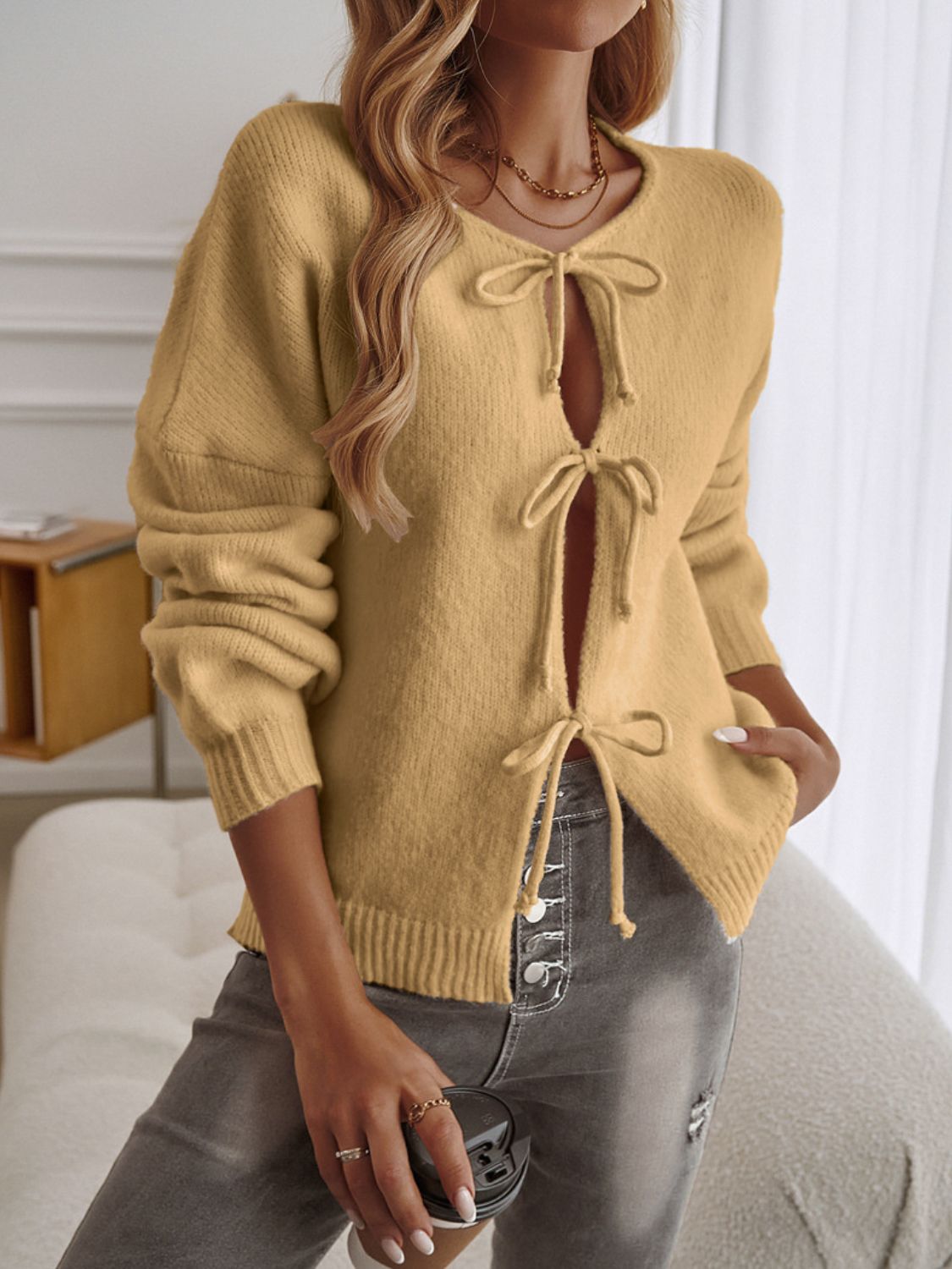 Devine Tied Round Neck Dropped Shoulder Cardigan - ClassiQ